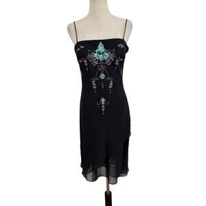 Vtg 90s Y2K Rimini Dress Black Beaded Sequin Sz 6 Iridescent Asymmetrical Hem‎